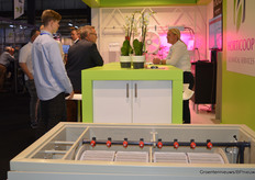 Claudia van Staalduinen of Horticoop Technical Services on the right at the Horticoop stand where a rotary filtration unit caught the eye. It is a rotary filter. The filter can serve as an alternative to a fabric filter.                     